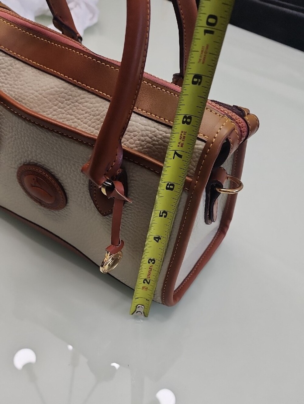Dooney & Bourke Beige and Brown Pebbled Leather Satchel Mossing Shoulder Strip - Picture 3 of 15